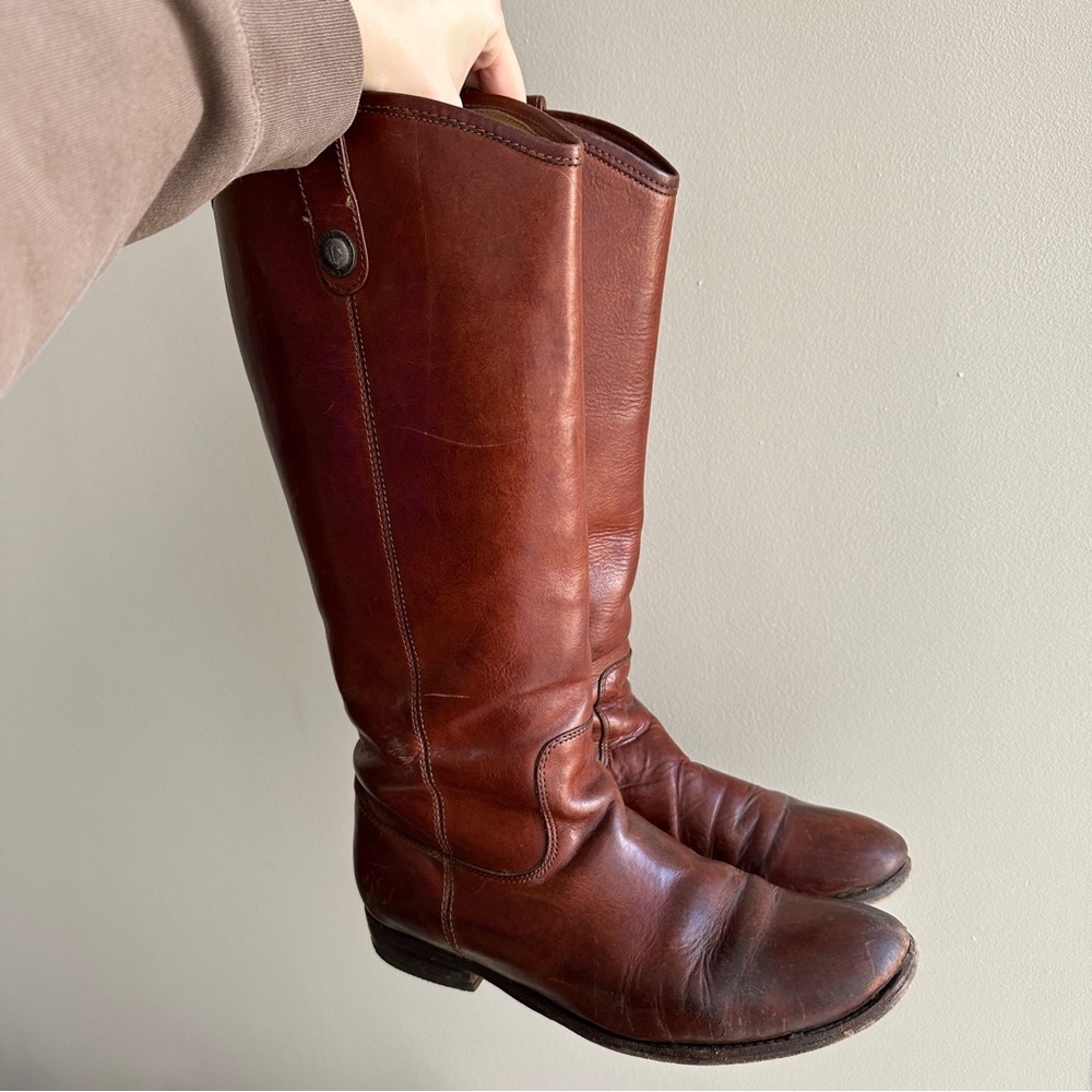 Frye Melissa Button Brown Leather Cognac Tall Riding Boots, Women’s Size 7
